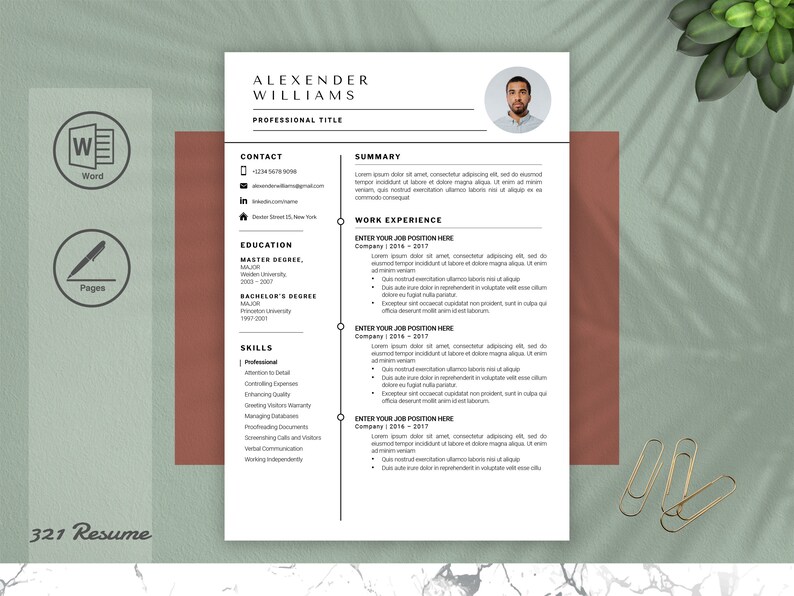 Minimalist Resume Template With Photo for Word and Page. Modern Cv ...