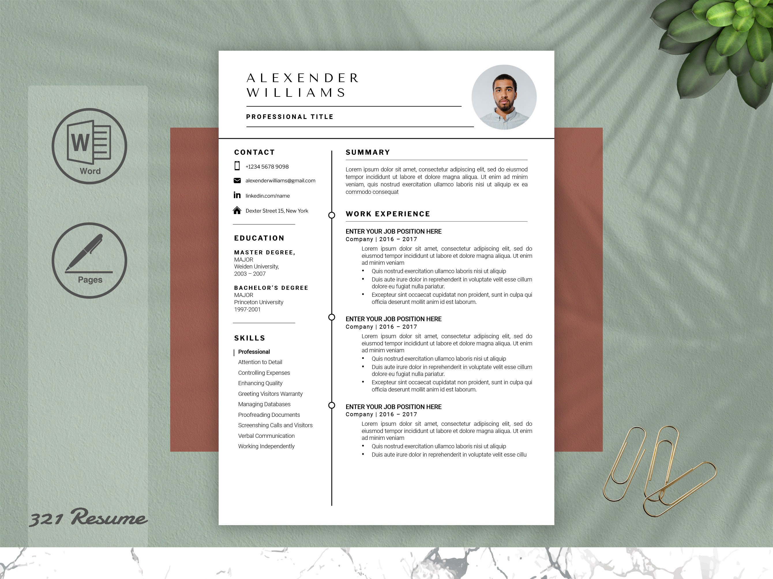 Minimalist Resume Template With Photo for Word and Page. Modern Cv ...