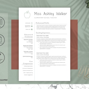 May include: A resume template with a green apple icon, titled "Miss Ashley Walker, Elementary School Teacher". The resume includes sections for professional profile, education and credentials, teaching experience, and core competencies.