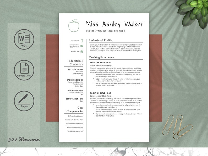 May include: A resume template with a green apple icon, titled "Miss Ashley Walker, Elementary School Teacher". The resume includes sections for professional profile, education and credentials, teaching experience, and core competencies.