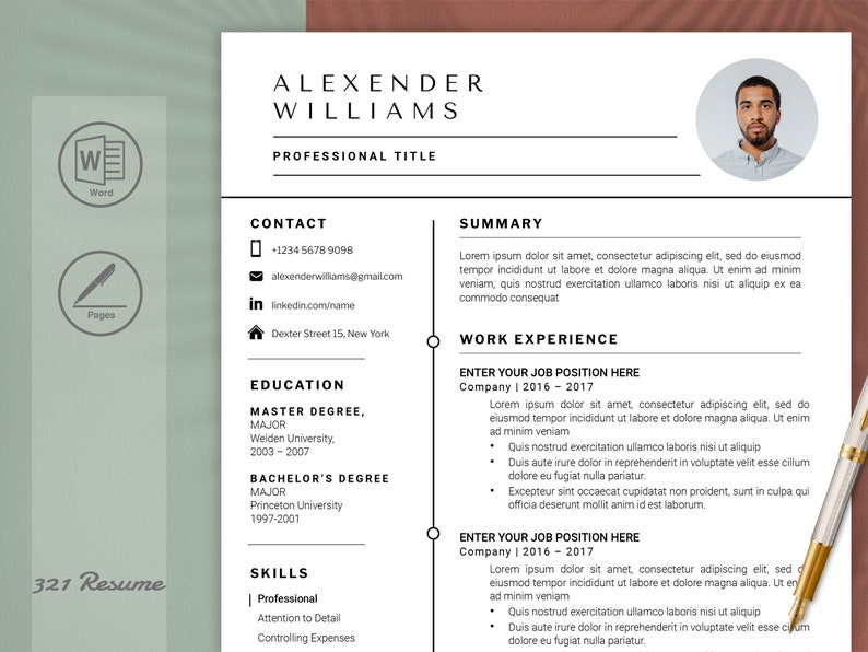 Minimalist Resume Template With Photo for Word and Page. Modern Cv ...