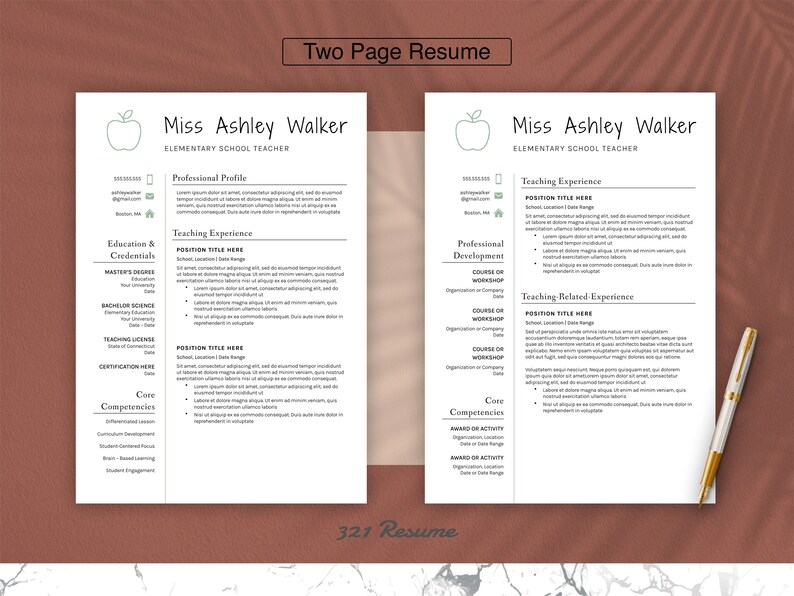 May include: A two-page resume template with a green apple icon. The resume is for Miss Ashley Walker, an Elementary School Teacher. The resume includes sections for professional profile, education and credentials, teaching experience, core competencies, professional development, and teaching related experience.