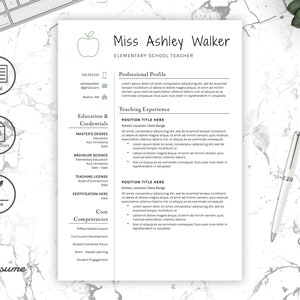 May include: A black and white resume template with a green apple icon. The resume is for Miss Ashley Walker, an Elementary School Teacher. The resume includes sections for Professional Profile, Education & Credentials, Teaching Experience, and Core Competencies.