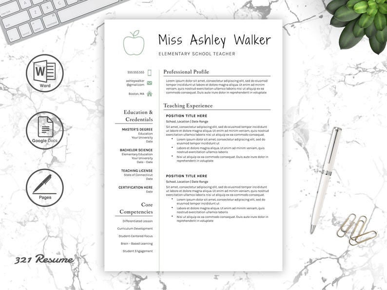 May include: A black and white resume template with a green apple icon. The resume is for Miss Ashley Walker, an Elementary School Teacher. The resume includes sections for Professional Profile, Education & Credentials, Teaching Experience, and Core Competencies.