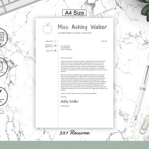 May include: A white resume template with a green apple icon and the text "Miss Ashley Walker, Elementary School Teacher". The resume includes contact information, a cover letter, and a closing signature.
