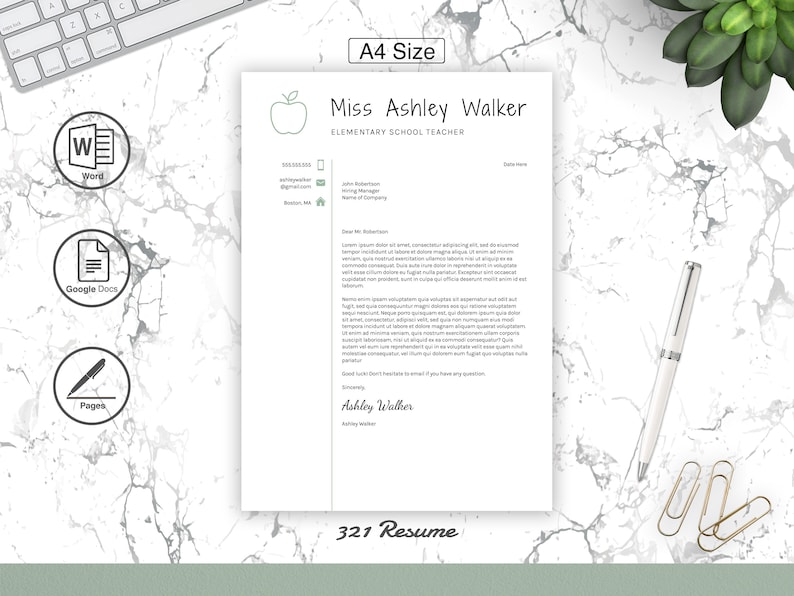 May include: A white resume template with a green apple icon and the text "Miss Ashley Walker, Elementary School Teacher". The resume includes contact information, a cover letter, and a closing signature.