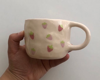 little strawberries handmade ceramic mug | 200 ml | handmade coffee mugs, handmade gift, unique gift pottery mug, cute aesthetic mug