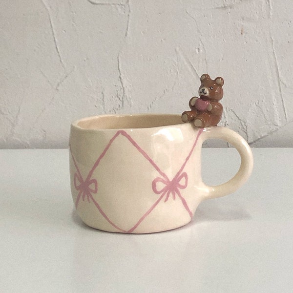 teddy bear mug with ribbon bow handmade ceramic mug - 300 ml | handmade coffee mugs, unique valentines gift pottery mug, cute aesthetic mug