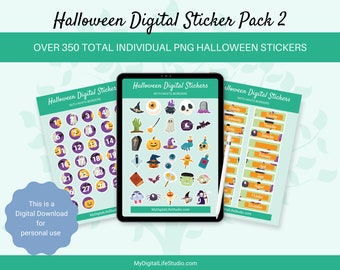 Digital Sticker Pack 2 | Halloween | PNG | Cartoon | Witch | Weekday | Month | Grim Reaper | Use with Digital Planners | For Personal Use