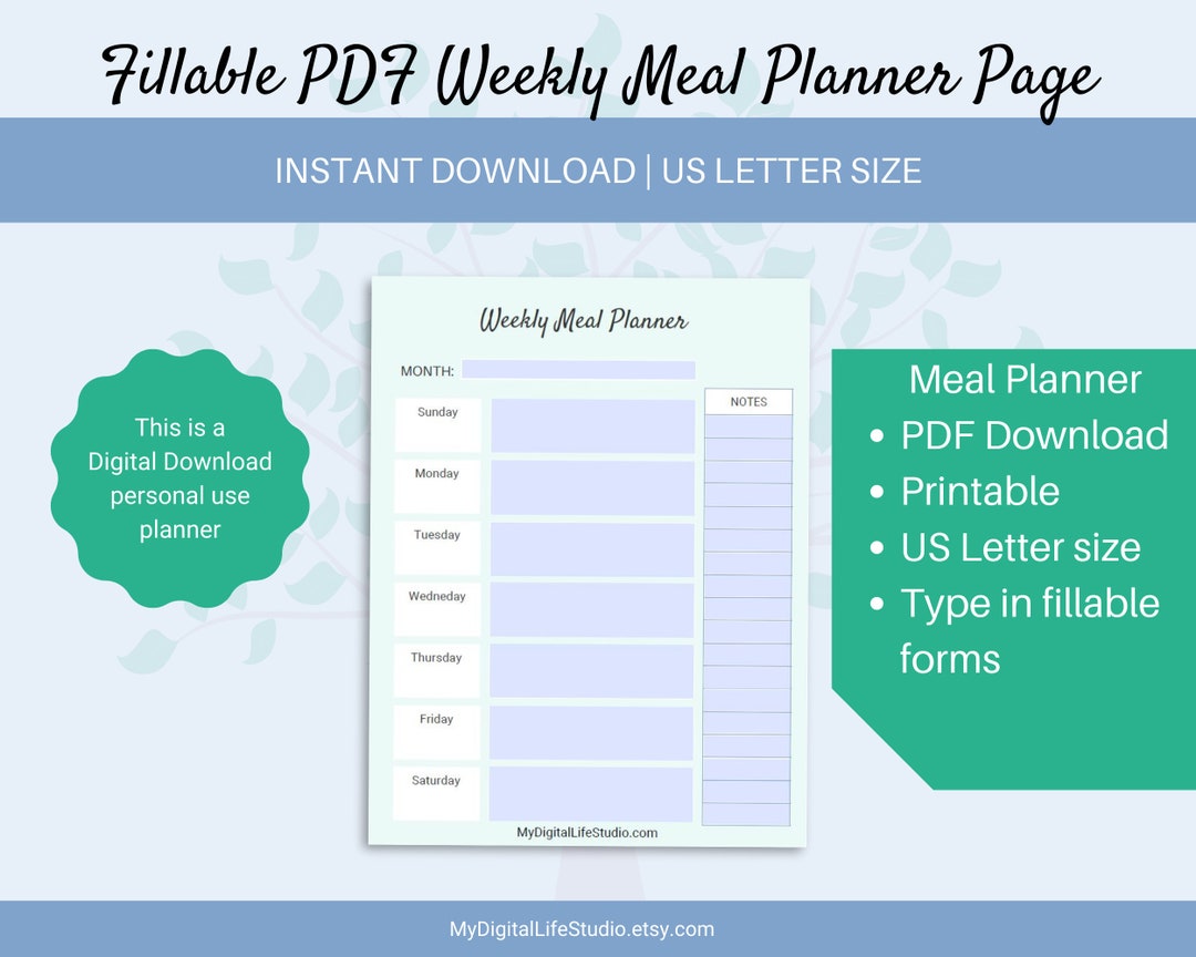 Weekly Meal Planning Fillable PDF | Printable | Digital Download ...