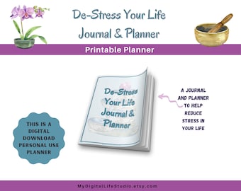 Printable De-Stress Your Life Planner and Journal | Water and Exercise tracker | Weekly | Daily | Digital Download for personal use.