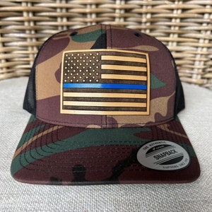 American Flag Leather Patch Hat, Law Enforcement, Thin Blue Line, Patriotic Flag Hat