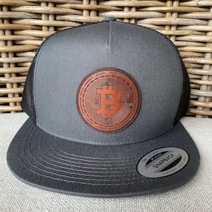 Custom leather patch bitcoin trucker hat. Text, gift, personalized, business logo