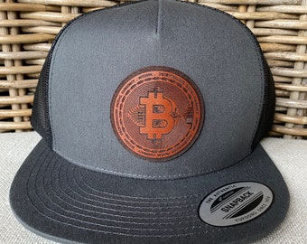 Custom leather patch bitcoin trucker hat. Text, gift, personalized, business logo