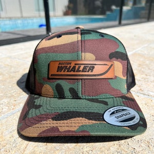 Camo Boston Whaler Trucker Custom Boat Hat Custom made leather patch trucker hat. Personalized, text, business logo.