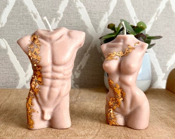 Set of 2 Couple Torso Candles with Gold Flakes, Venus David Candle, Male Body Candle, Man Torso Candle,Naked Woman Figure Candle