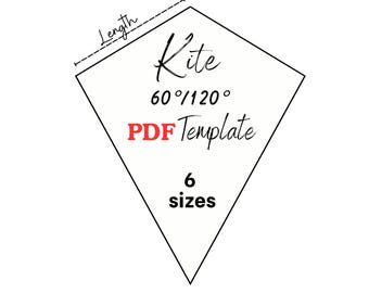 Könnte beinhalten: Ein schwarz-weißer Umriss in Drachenform mit dem Text Kite, 60°/120°, PDF Template und 6 sizes. Eine gestrichelte Linie zeigt die Länge an. Unten sind die Größen 1/2, 1, 1 1/2, 2, 2 1/2 und 3 Zoll in imperialen Einheiten aufgeführt.