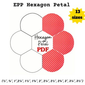 Może przedstawiać: Cyfrowy szablon PDF dla wzoru płatka sześciokątnego EPP. Grafika przedstawia kształt kwiatu złożony z sześciokątów, z prawą stroną w kolorze czerwonym w białe kropki i lewą stroną w kolorze białym. Tekst zawiera EPP Hexagon Petal, 13 rozmiarów i wymiary od 1,27 cm do 8,89 cm.