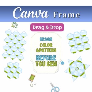 Puede incluir: Una plantilla de marco digital de Canva con el texto Canva Frame, Drag & Drop y Design Color & Pattern Before You Sew. El gráfico incluye varias formas geométricas rellenas con una imagen de paisaje, un carrete de hilo verde y tijeras.