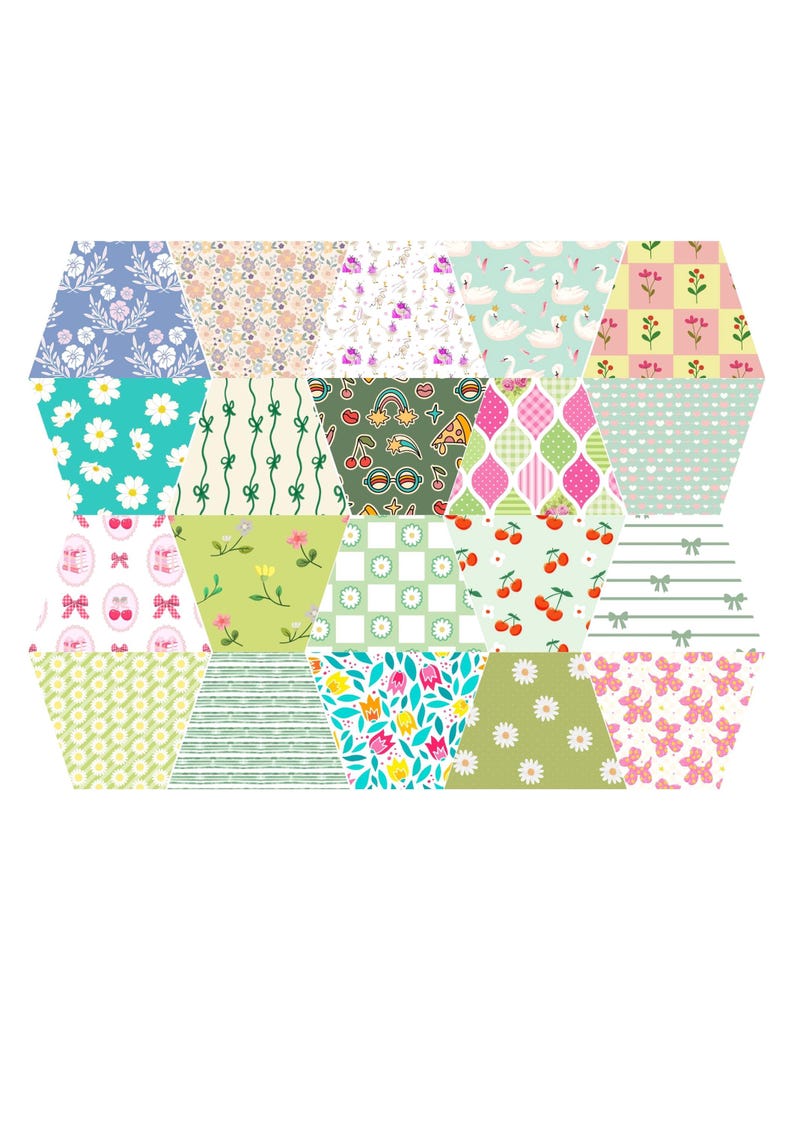 K&ouml;nnte beinhalten: Eine Sammlung sechseckiger Stoffmuster mit verschiedenen Designs, darunter wei&szlig;e G&auml;nsebl&uuml;mchen auf T&uuml;rkis, rosa Kirschen, gr&uuml;ne Schleifen, bunte Retro-Symbole, wei&szlig;e Schw&auml;ne auf Minzgr&uuml;n, gelbe Blumen und rosa Ballon-Tiere auf wei&szlig;em Grund.
