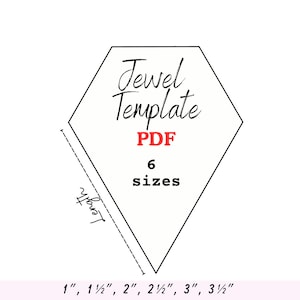 Peut inclure: Un modèle de bijou au format PDF représenté par une forme pentagonale noire et blanche. Le texte indique Jewel Template, PDF, 6 sizes et Length le long d'une ligne pointillée. En bas, six tailles sont listées en pouces : 1, 1,5, 2, 2,5, 3, 3,5.