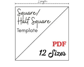 Könnte beinhalten: Eine quadratische und halbquadratische PDF-Vorlage mit einer Diagonale, dem Text "Square/Half Square Template", "PDF", "12 Sizes" und "Length". Unten sind 12 Größen in Zoll aufgeführt: 1/2", 3/4", 1", 1 1/4", 1 1/2", 1 3/4", 2", 2 1/4", 2 1/2", 2 3/4", 3", 3 1/2".