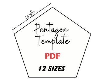 Könnte beinhalten: Eine schwarz-weiße Pentagon-Vorlage mit dem Text Pentagon Template, PDF und 12 SIZES. Eine gestrichelte Linie markiert die Länge. Die 12 aufgeführten Größen sind 1/2, 3/4, 1, 1 1/4, 1 1/2, 1 3/4, 2, 2 1/4, 2 1/2, 2 3/4, 3 und 3 1/2 Zoll.