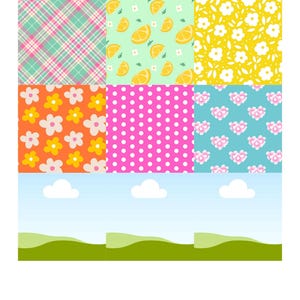 K&ouml;nnte beinhalten: Ein Raster aus neun quadratischen Mustern mit einem rosa-gr&uuml;nen Schottenmuster, einem hellgr&uuml;nen Zitrusfrucht-Druck, einem gelben Blumenmuster, einem orangen Blumendruck, pinken Punkten, blauen Herzen und drei Landschaften mit Himmel und Gras.