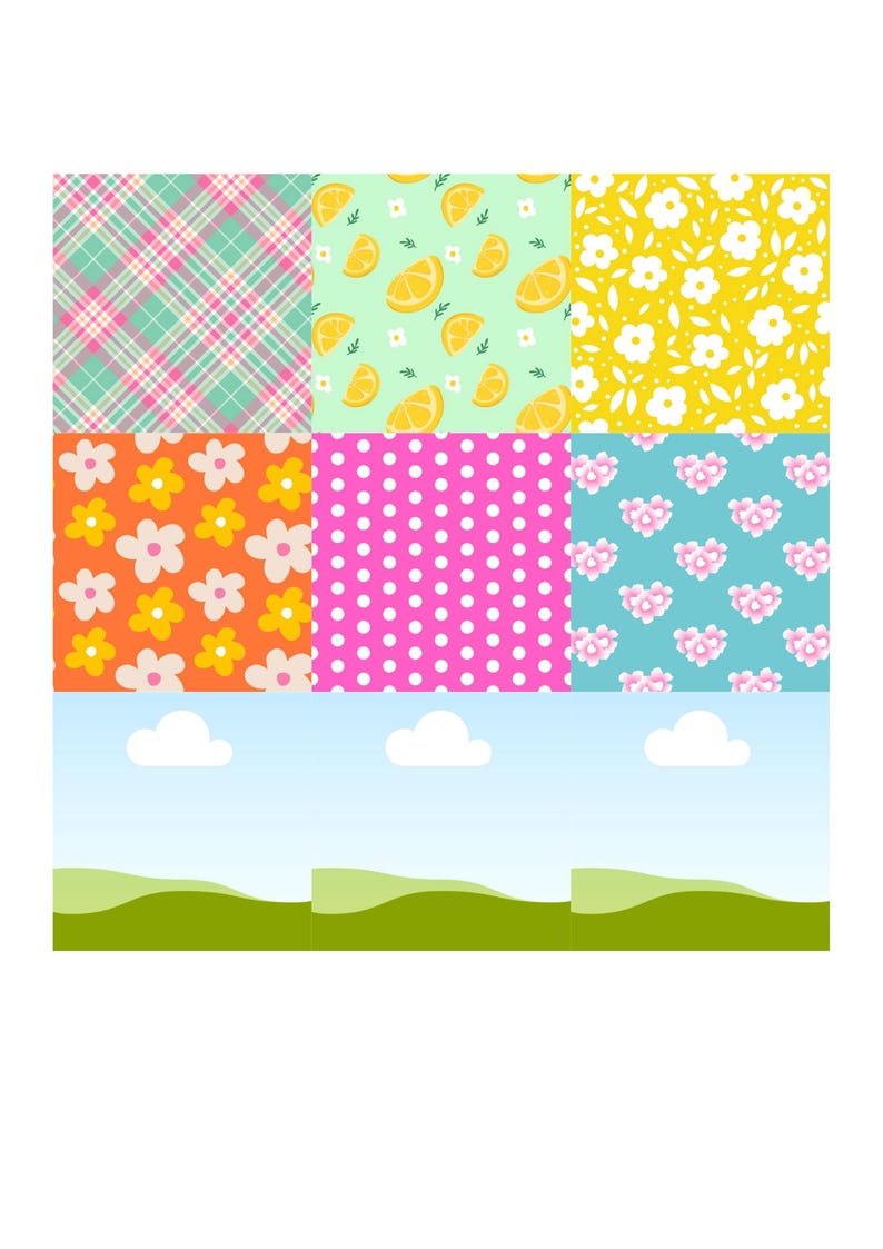 K&ouml;nnte beinhalten: Ein Raster aus neun quadratischen Mustern mit einem rosa-gr&uuml;nen Schottenmuster, einem hellgr&uuml;nen Zitrusfrucht-Druck, einem gelben Blumenmuster, einem orangen Blumendruck, pinken Punkten, blauen Herzen und drei Landschaften mit Himmel und Gras.