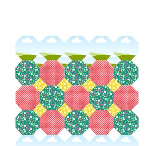 K&ouml;nnte beinhalten: Ein sich wiederholendes Muster aus achteckigen Formen mit abwechselnden rosa Punkten und gr&uuml;nen Blumenmustern, durchsetzt mit kleinen gelben Rautenakzenten. Das Design enth&auml;lt einen oberen und unteren Rand mit hellblauem Himmel und wei&szlig;en Wolken.