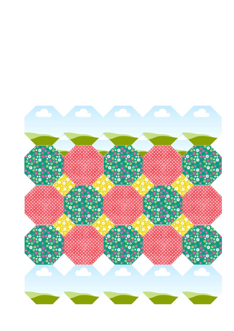 K&ouml;nnte beinhalten: Ein sich wiederholendes Muster aus achteckigen Formen mit abwechselnden rosa Punkten und gr&uuml;nen Blumenmustern, durchsetzt mit kleinen gelben Rautenakzenten. Das Design enth&auml;lt einen oberen und unteren Rand mit hellblauem Himmel und wei&szlig;en Wolken.
