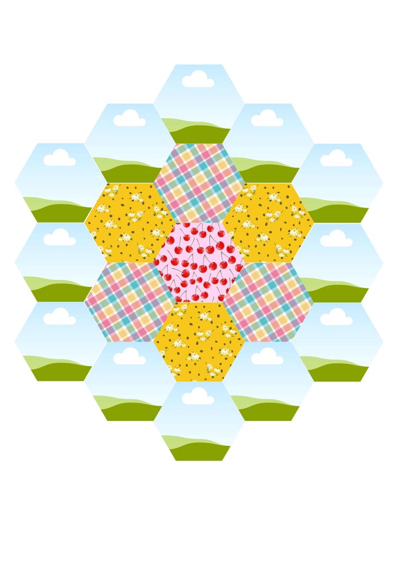 K&ouml;nnte beinhalten: Ein hexagonales Quiltblock-Muster mit einem zentralen Sechseck mit Kirschmotiv, umgeben von abwechselnden gelben Blumen-, Karomuster- und Landschaftssechsecken. Der &auml;u&szlig;ere Rand besteht aus hellblauen Himmel-Sechsecken mit gr&uuml;nen H&uuml;geln und Wolken.