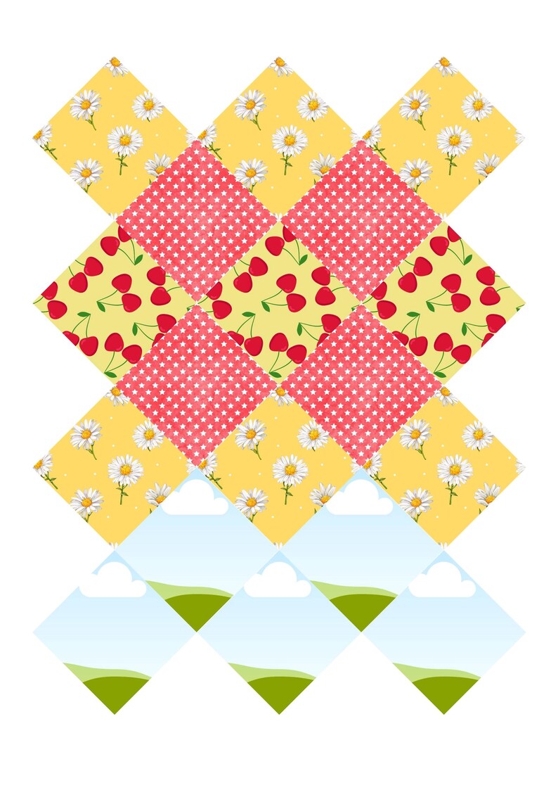 K&ouml;nnte beinhalten: Ein Quiltblock-Muster bestehend aus einem Gitter aus rautenf&ouml;rmigen Stoffst&uuml;cken. Das Design umfasst gelbe Quadrate mit wei&szlig;en G&auml;nsebl&uuml;mchen, rote Quadrate mit wei&szlig;en Sternen, gelbe Quadrate mit Kirschmotiven und hellblaue Himmelslandschaften.