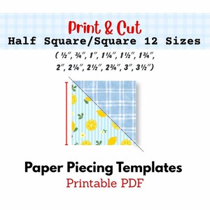 Druckbare EPP-Vorlagen für Quadrate/Halbquadrate und Dreiecke – 12 Größen, 2 Sets (PDF)