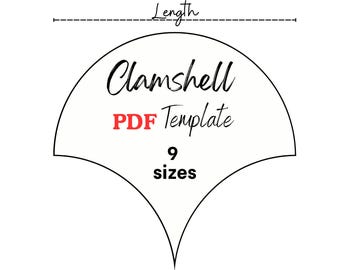 Könnte beinhalten: Eine schwarz-weiße PDF-Vorlage in Muschelform mit dem Text Length, Clamshell, PDF Template und 9 sizes. Unten sind neun Größen in Zoll aufgeführt: 1", 1 1/4", 1 1/2", 1 3/4", 2", 2 1/4", 2 1/2", 2 3/4" und 3".