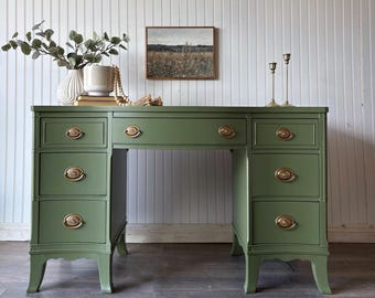 SOLD • Hepplewhite 7 Drawer Desk Solid Wood Mahogany Olive Green Painted Furniture MCM Mid Century Modern