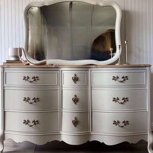SOLD • French Provincial 9 Drawer Vintage Dresser Mirror Tv Stand Buffet Changing Table Nursery Room Farmhouse Country Cottage Shabby Chic