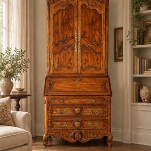 Vintage Henredon Secretary Desk, French Provincial Carved Wood Writing Desk with Display Cabinet