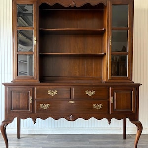 SOLD • Vintage Ethan Allen Queen Anne Style 2 Piece Cherry China Cabinet with Open Hutch and Buffet Country Cottage Farmhouse Shabby Chic
