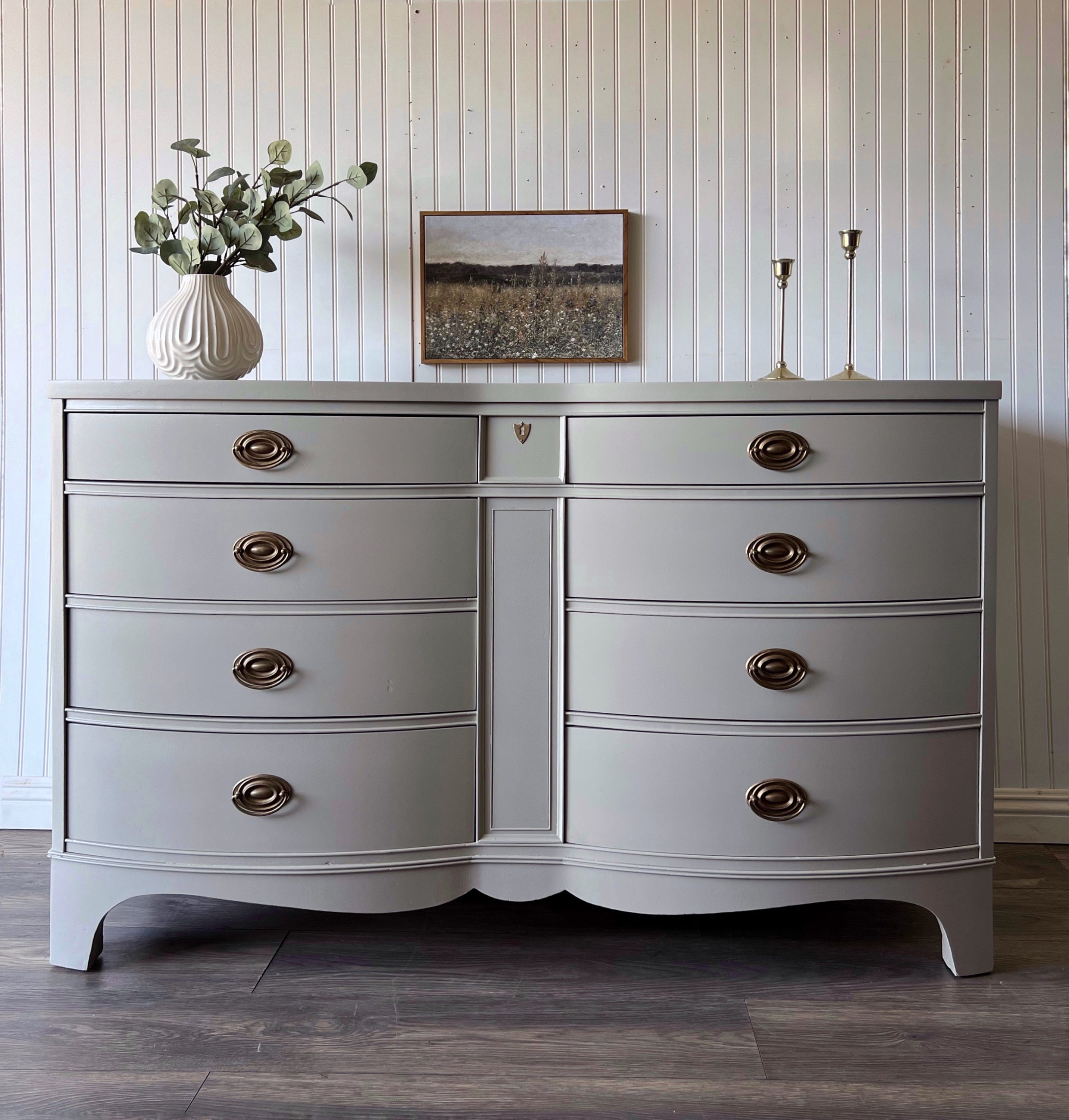 SOLD Neutral Hepplewhite Dresser: Gray Linen Painted Wood, Gold Hardware - Etsy SOLD Neutral Hepplewhite Dresser: Gray Linen Painted Wood, Gold Hardware - Etsy