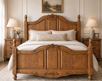 Vintage Oakwood Interiors California King Bed Frame Solid Oak French Country Provincial Carved Wood Designs Headboard Footboard