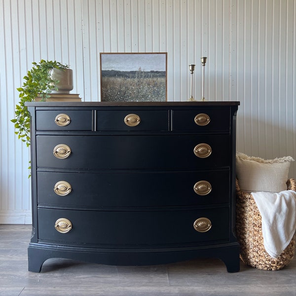 Vintage Hepplewhite Dresser Buffet Tv Stand Entryway Table Nursery Room Changing Table Bedroom Furniture Painted Black With Dark Walnut Top