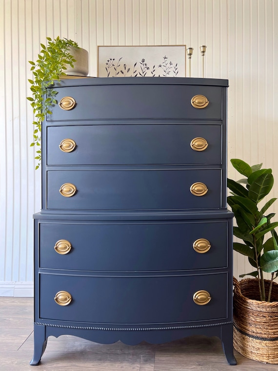 SOLD • Hepplewhite 5 Drawer Dresser Solid Wood Mahogany Chest of Drawers Painted Navy Blue