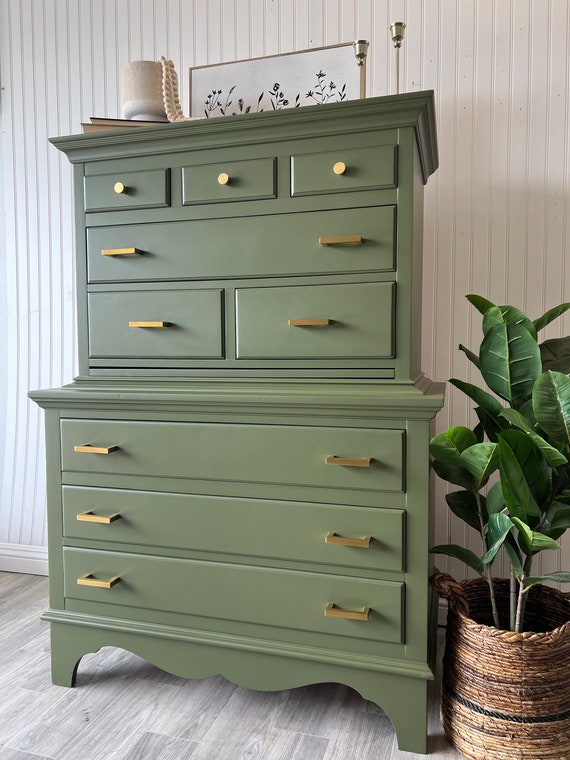 SOLD  Olive Green Tallboy Dresser, Modern Solid Wood Bedroom Chest of  Drawers - Etsy