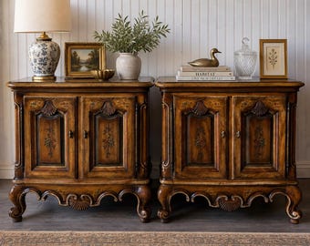 Vintage French Provincial Country Farmhouse Nightstand Set, Bedside Tables Furniture Drexel Heritage Brittany Collection