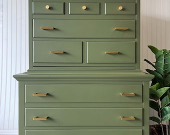 SOLD • Olive Green Tallboy Dresser, Modern Solid Wood Bedroom Chest of Drawers