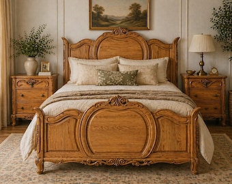 Solid Wood Oak Queen Size Bed Frame Headboard Footboard & Side Rails Carved Wood Designs Oakwood Interiors