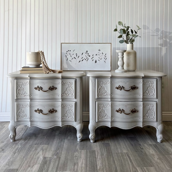 SOLD • French Provincial Farmhouse Country Cottage Shabby Chic Set of Nightstands End Tables Side Tables