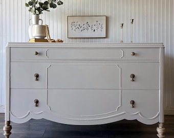 SOLD • Vintage Neutral Cream Chest of Drawers Dresser Nursery Room Changing Table Modern Bedroom Entryway Piece
