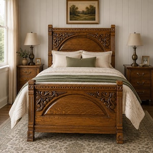Vintage Oak Full Size Bed Frame Solid Wood Carved Headboard Footboard Traditional Bedroom Furniture